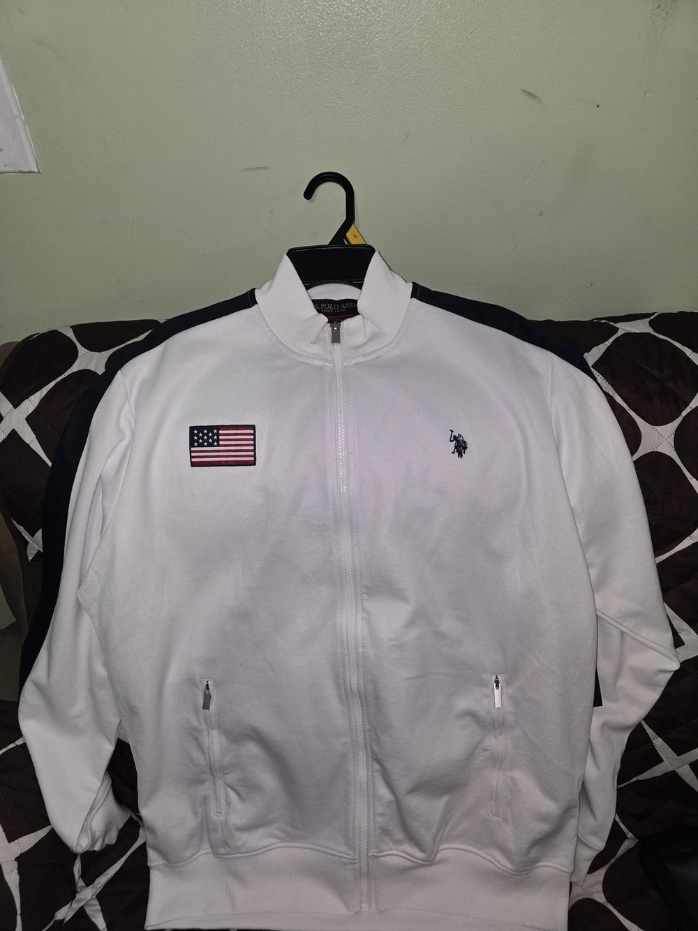 U.S. Polo Assn. White Track Jacket with Navy Accents and Flag Patch